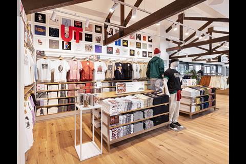 Interior of Uniqlo Covent Garden store showing T-shirts on display